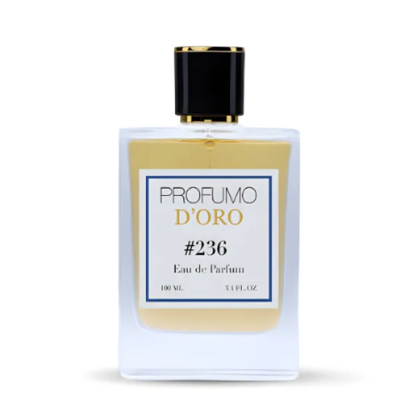 Verpackung von Profumo Doro #236 – elegantes Design in Gold und Creme, Symbol für Glanz, Stil und Sinnlichkeit